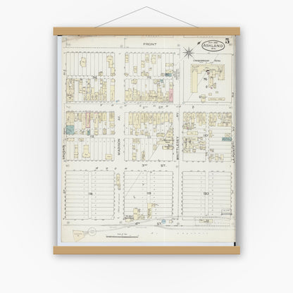 Old map wall art mockup — magnetic wood frame on white wall — Sanborn Fire Insurance Map from Ashland, Ashland County, Wisconsin (1886), Sheet #0005