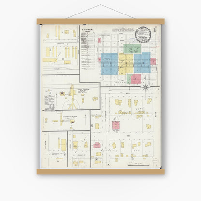 Old map wall art mockup — magnetic wood frame on white wall — Sanborn Fire Insurance Map from Fairbury, Livingston County, Illinois (1898), Sheet #0001