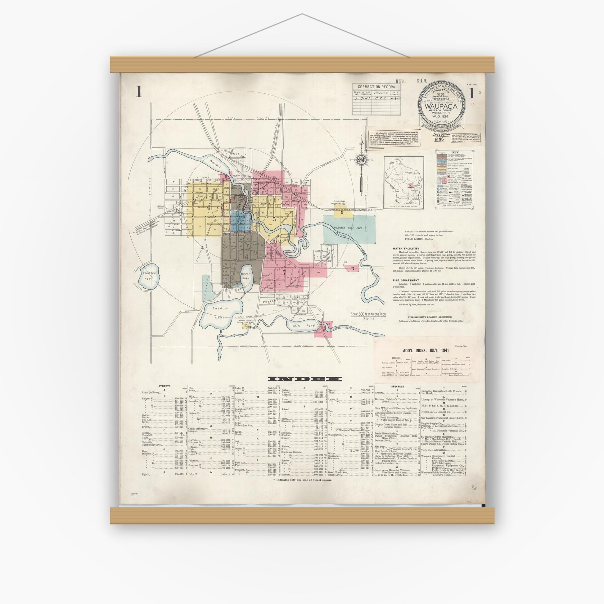 Old map wall art mockup — magnetic wood frame on white wall — Sanborn Fire Insurance Map from Waupaca, Waupaca County, Wisconsin (1941) - Complete Map Set
