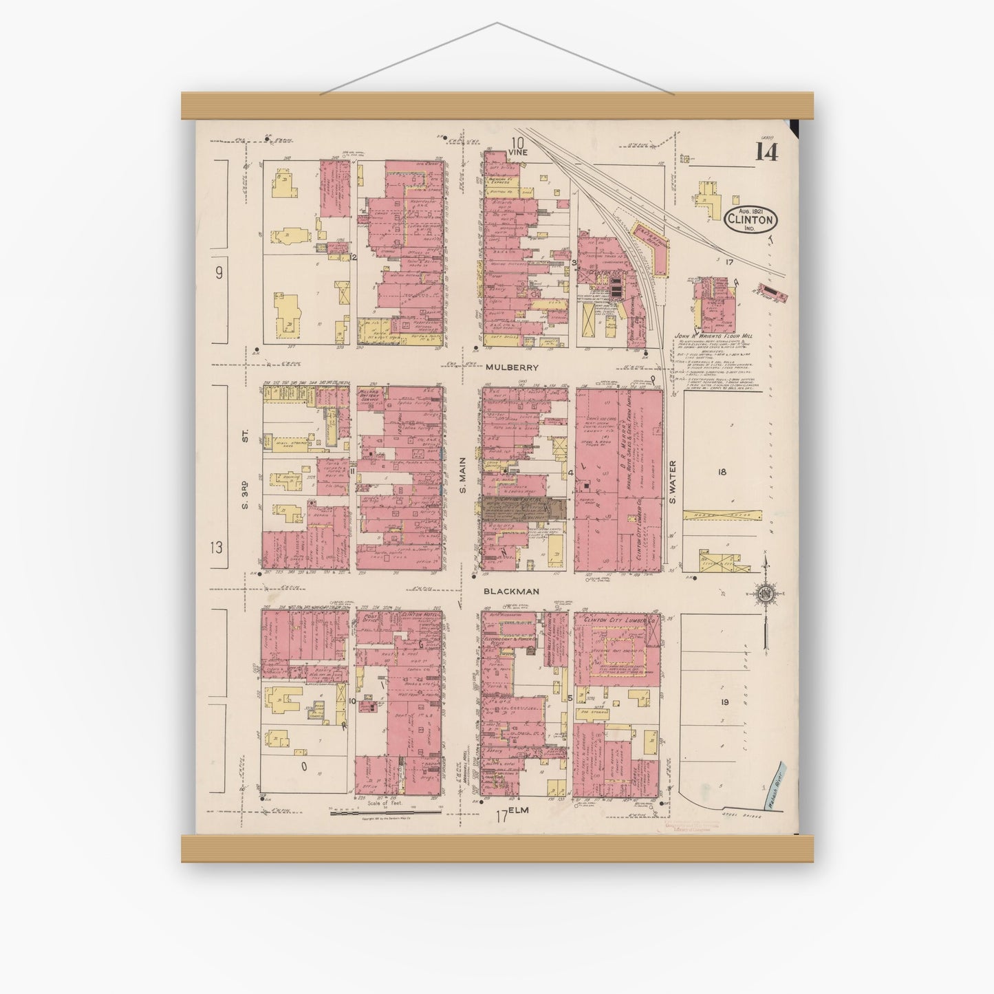 Old map wall art mockup — magnetic wood frame on white wall — Sanborn Fire Insurance Map from Clinton, Vermillion County, Indiana (1921), Sheet #0014