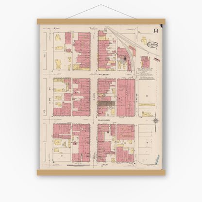 Old map wall art mockup — magnetic wood frame on white wall — Sanborn Fire Insurance Map from Clinton, Vermillion County, Indiana (1921), Sheet #0014