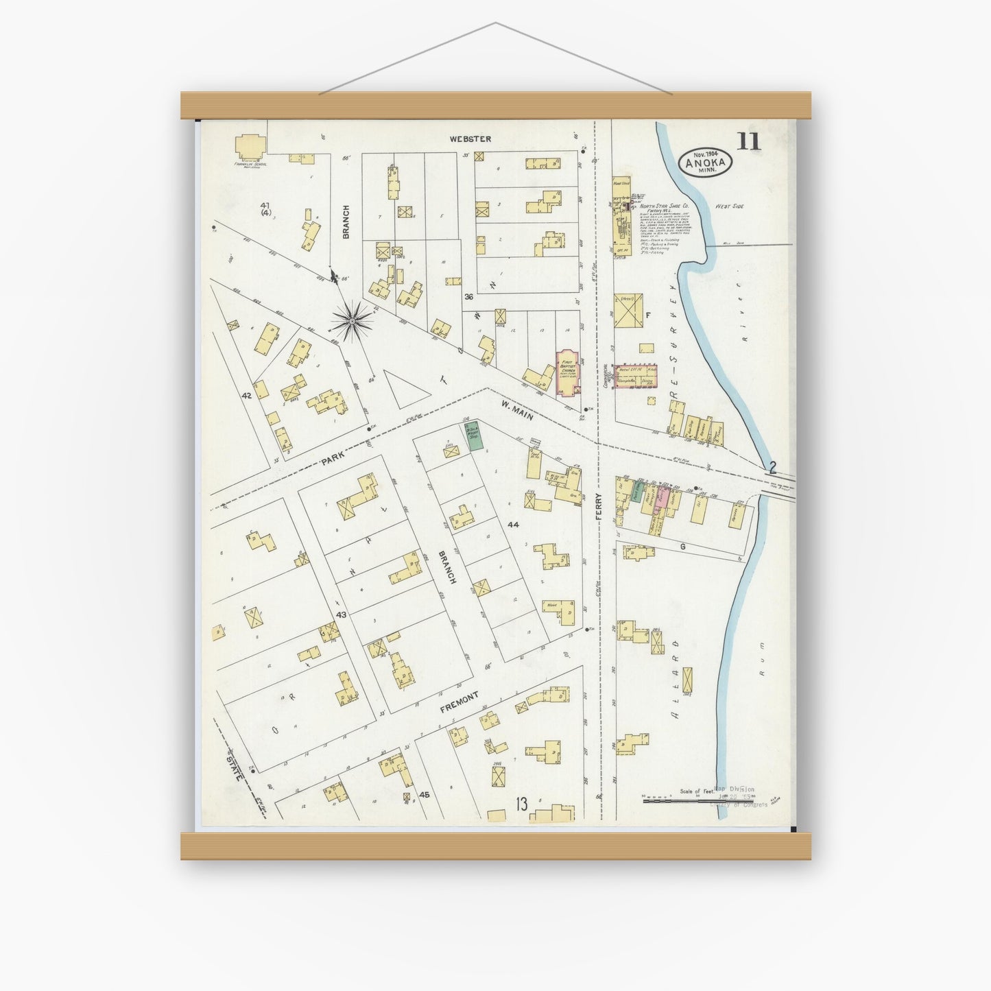 Old map wall art mockup — magnetic wood frame on white wall — Sanborn Fire Insurance Map from Anoka, Anoka County, Minnesota (1904), Sheet #0011