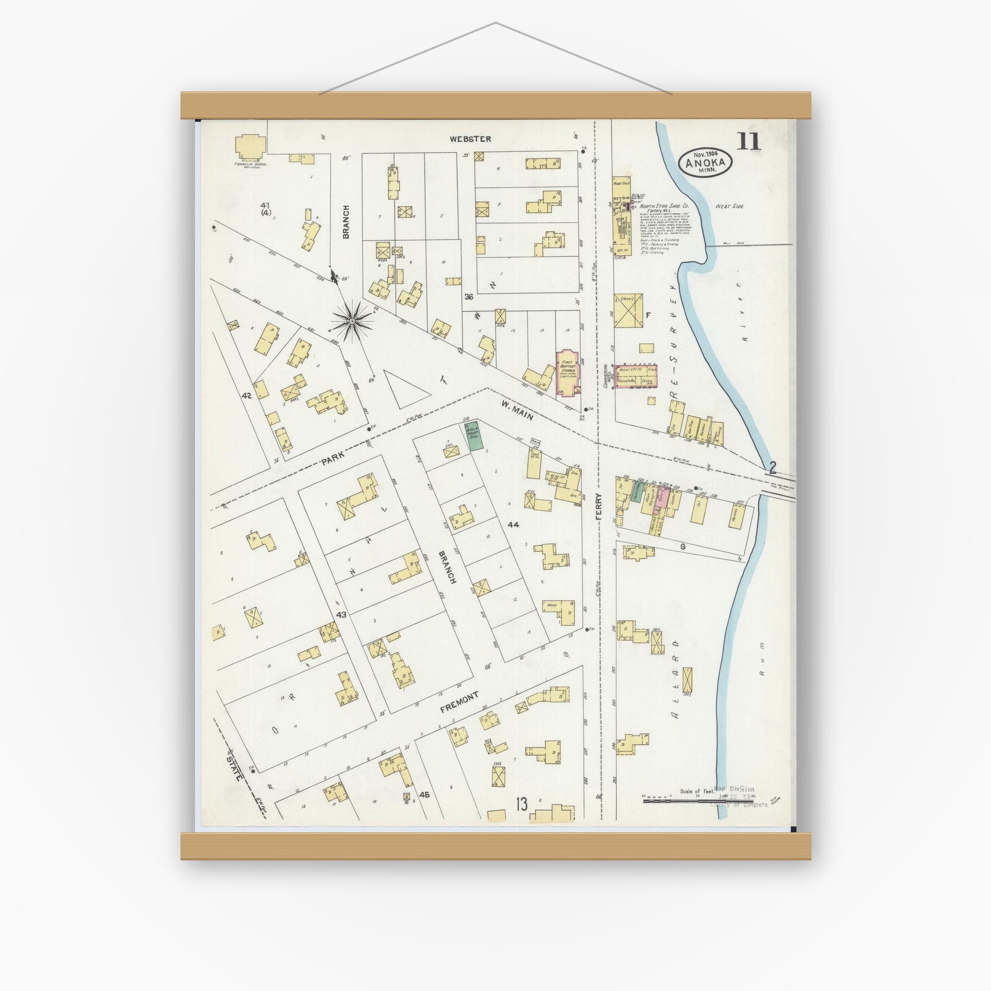 Old map wall art mockup — magnetic wood frame on white wall — Sanborn Fire Insurance Map from Anoka, Anoka County, Minnesota (1904), Sheet #0011
