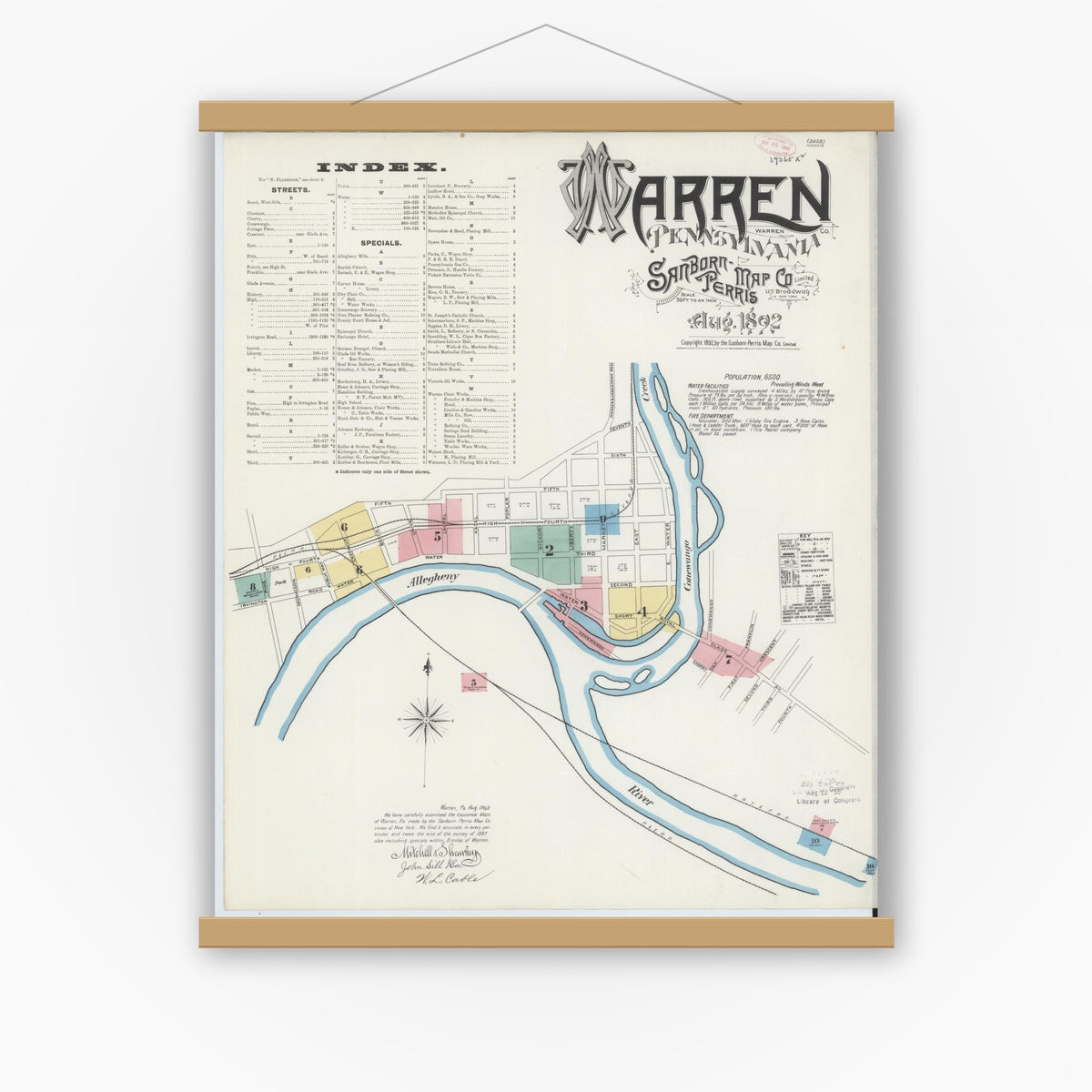 Old map wall art mockup — magnetic wood frame on white wall — Sanborn Fire Insurance Map from Warren, Warren County, Pennsylvania (1892), Sheet #0001
