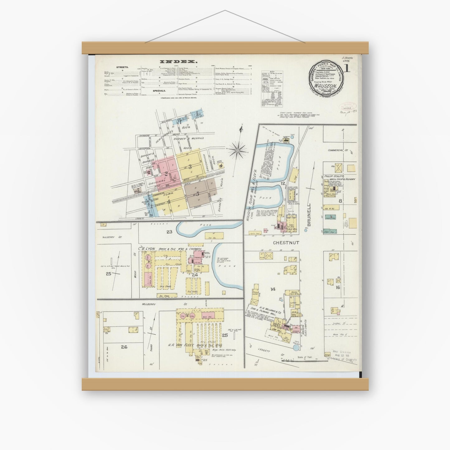 Old map wall art mockup — magnetic wood frame on white wall — Sanborn Fire Insurance Map from Wauseon, Fulton County, Ohio (1893), Sheet #0001
