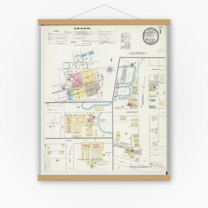 Old map wall art mockup — magnetic wood frame on white wall — Sanborn Fire Insurance Map from Wauseon, Fulton County, Ohio (1893), Sheet #0001