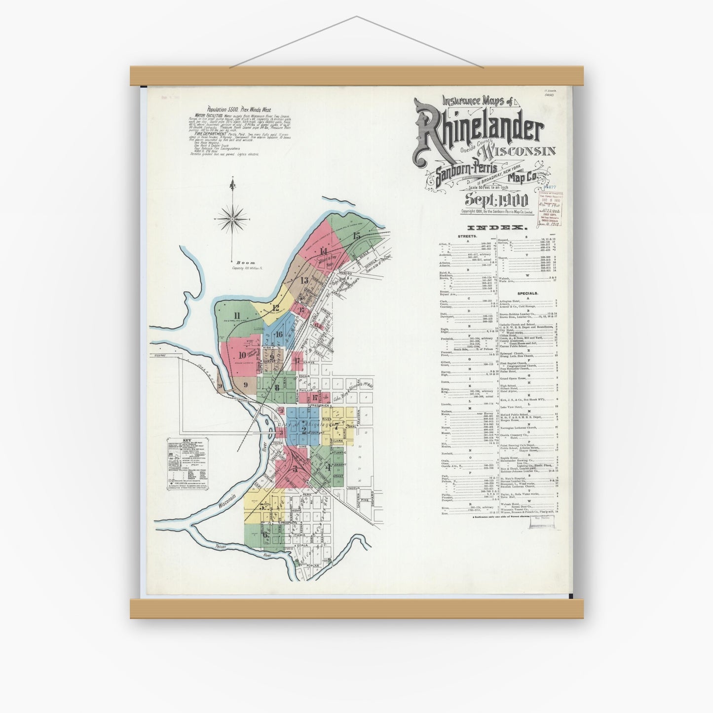 Old map wall art mockup — magnetic wood frame on white wall — Sanborn Fire Insurance Map from Rhinelander, Oneida County, Wisconsin (1900), Sheet #0001
