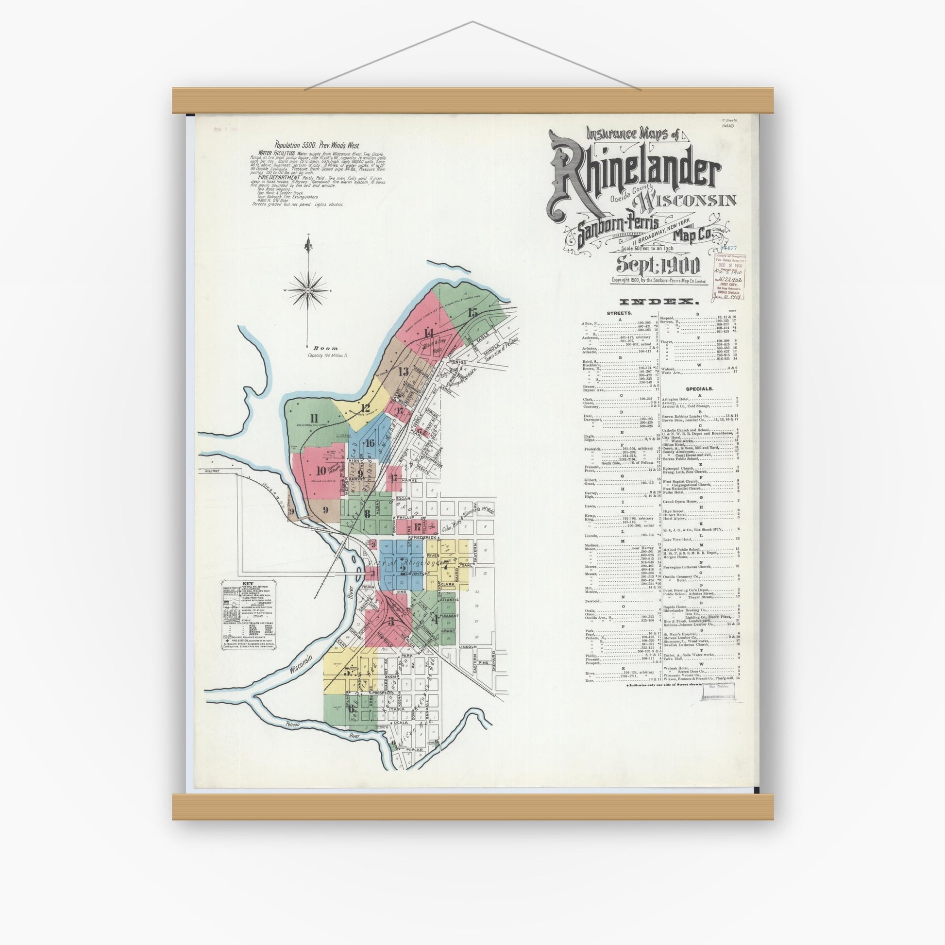 Old map wall art mockup — magnetic wood frame on white wall — Sanborn Fire Insurance Map from Rhinelander, Oneida County, Wisconsin (1900), Sheet #0001