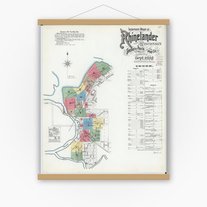 Old map wall art mockup — magnetic wood frame on white wall — Sanborn Fire Insurance Map from Rhinelander, Oneida County, Wisconsin (1900), Sheet #0001