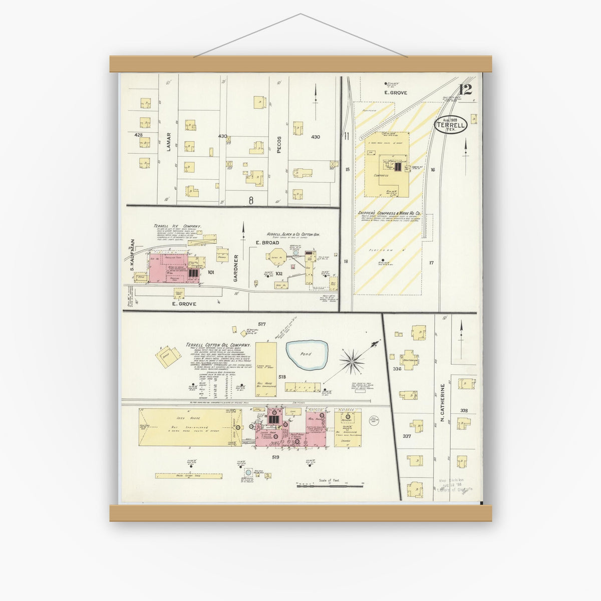 Old map wall art mockup — magnetic wood frame on white wall — Sanborn Fire Insurance Map from Terrell, Kaufman County, Texas (1909), Sheet #0012