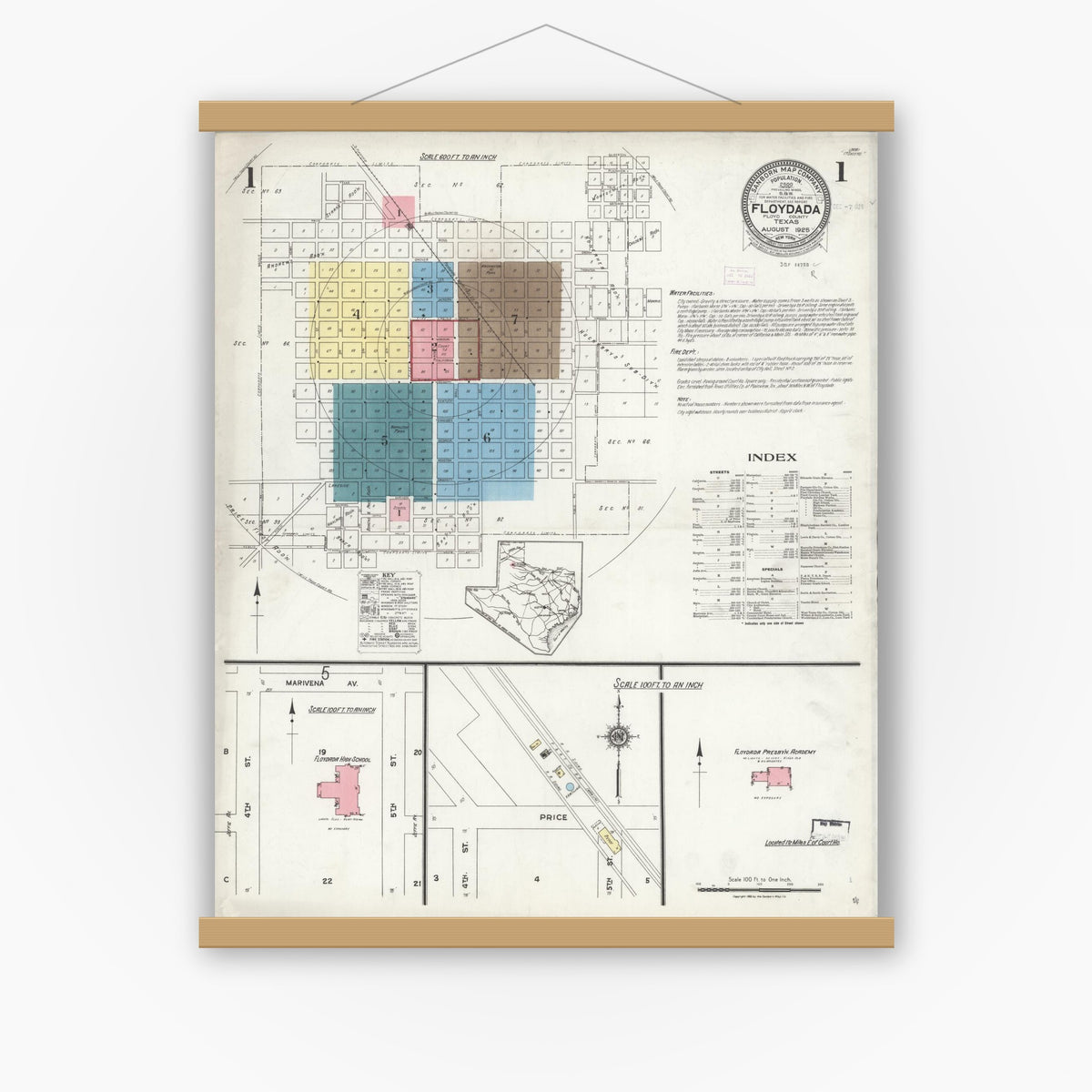 Old map wall art mockup — magnetic wood frame on white wall — Sanborn Fire Insurance Map from Floydada, Floyd County, Texas (1925) - Complete Map Set
