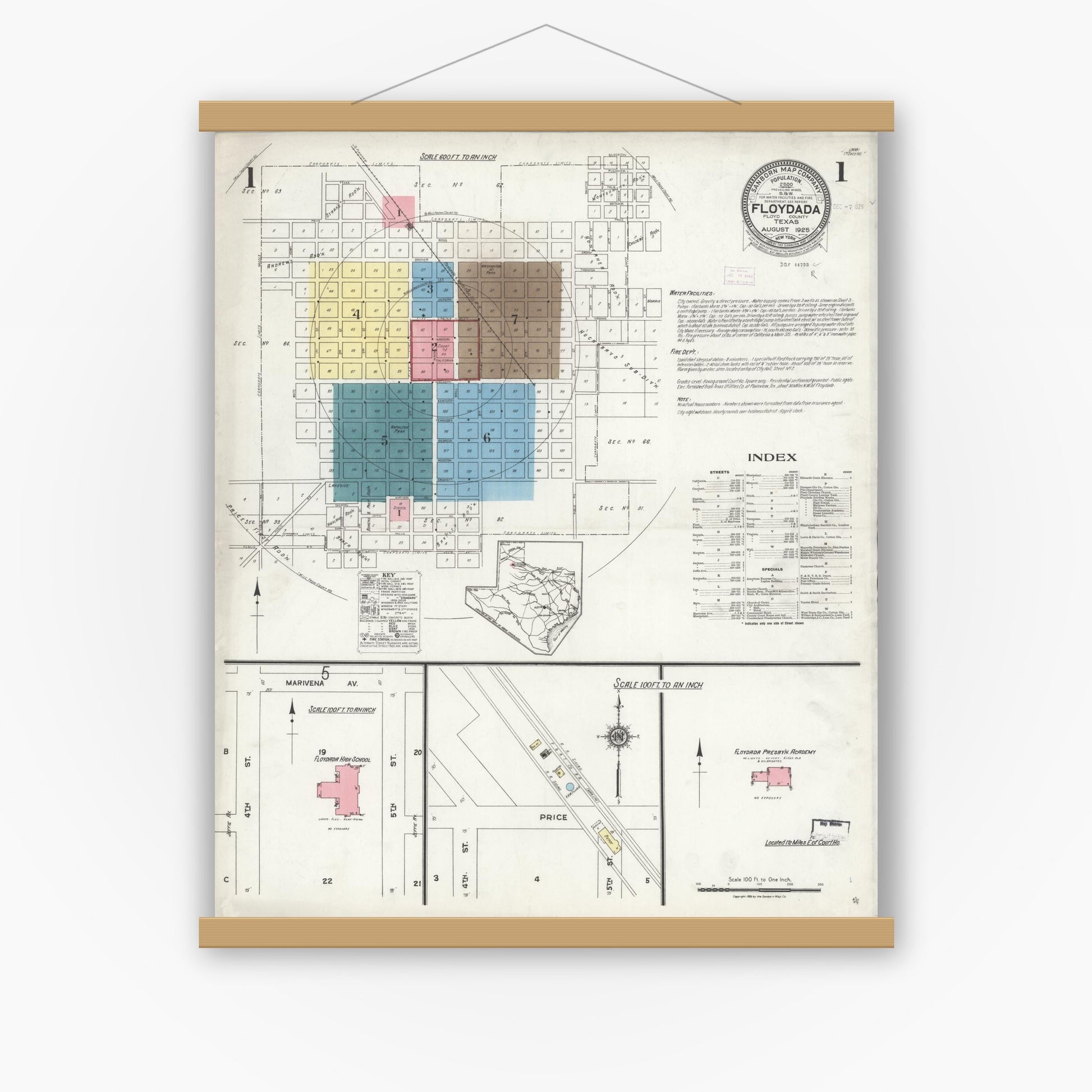 Old map wall art mockup — magnetic wood frame on white wall — Sanborn Fire Insurance Map from Floydada, Floyd County, Texas (1925) - Complete Map Set