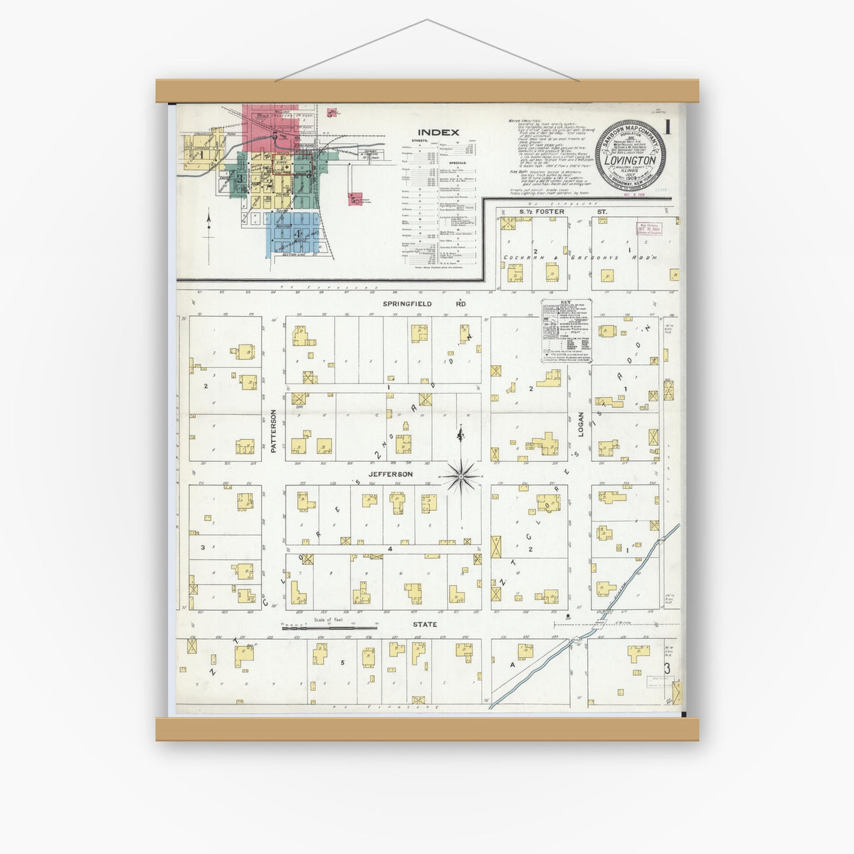 Old map wall art mockup — magnetic wood frame on white wall — Sanborn Fire Insurance Map from Lovington, Moultrie County, Illinois (1909) - Complete Map Set
