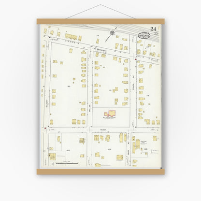 Old map wall art mockup — magnetic wood frame on white wall — Sanborn Fire Insurance Map from Oneonta, Otsego County, New York (1916), Sheet #0024