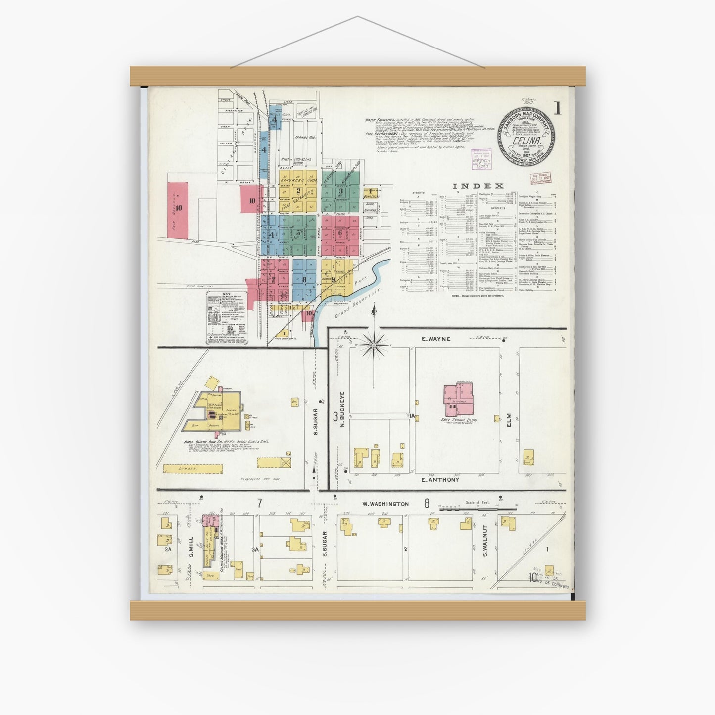 Old map wall art mockup — magnetic wood frame on white wall — Sanborn Fire Insurance Map from Celina, Mercer County, Ohio (1907), Sheet #0001