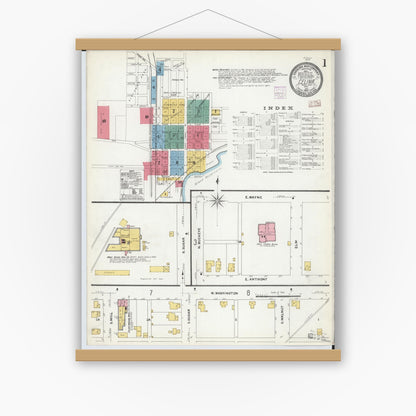 Old map wall art mockup — magnetic wood frame on white wall — Sanborn Fire Insurance Map from Celina, Mercer County, Ohio (1907), Sheet #0001