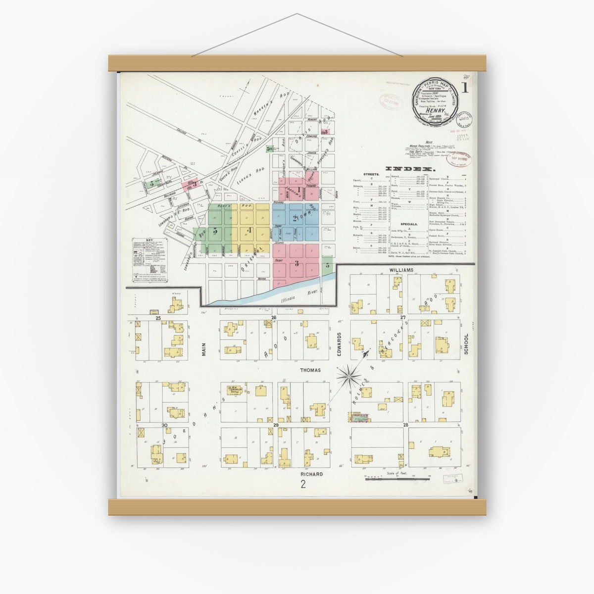 Old map wall art mockup — magnetic wood frame on white wall — Sanborn Fire Insurance Map from Henry, Marshall County, Illinois (1899) - Complete Map Set