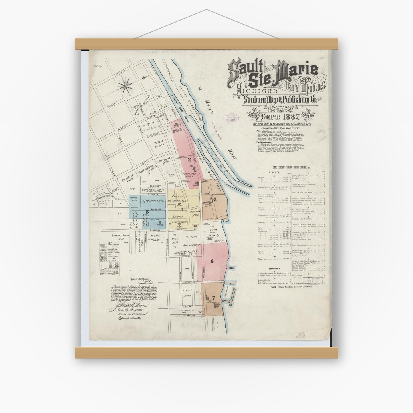 Old map wall art mockup — magnetic wood frame on white wall — Sanborn Fire Insurance Map from Sault Sainte Marie, Chippewa County, Michigan (1887) - Complete Map Set