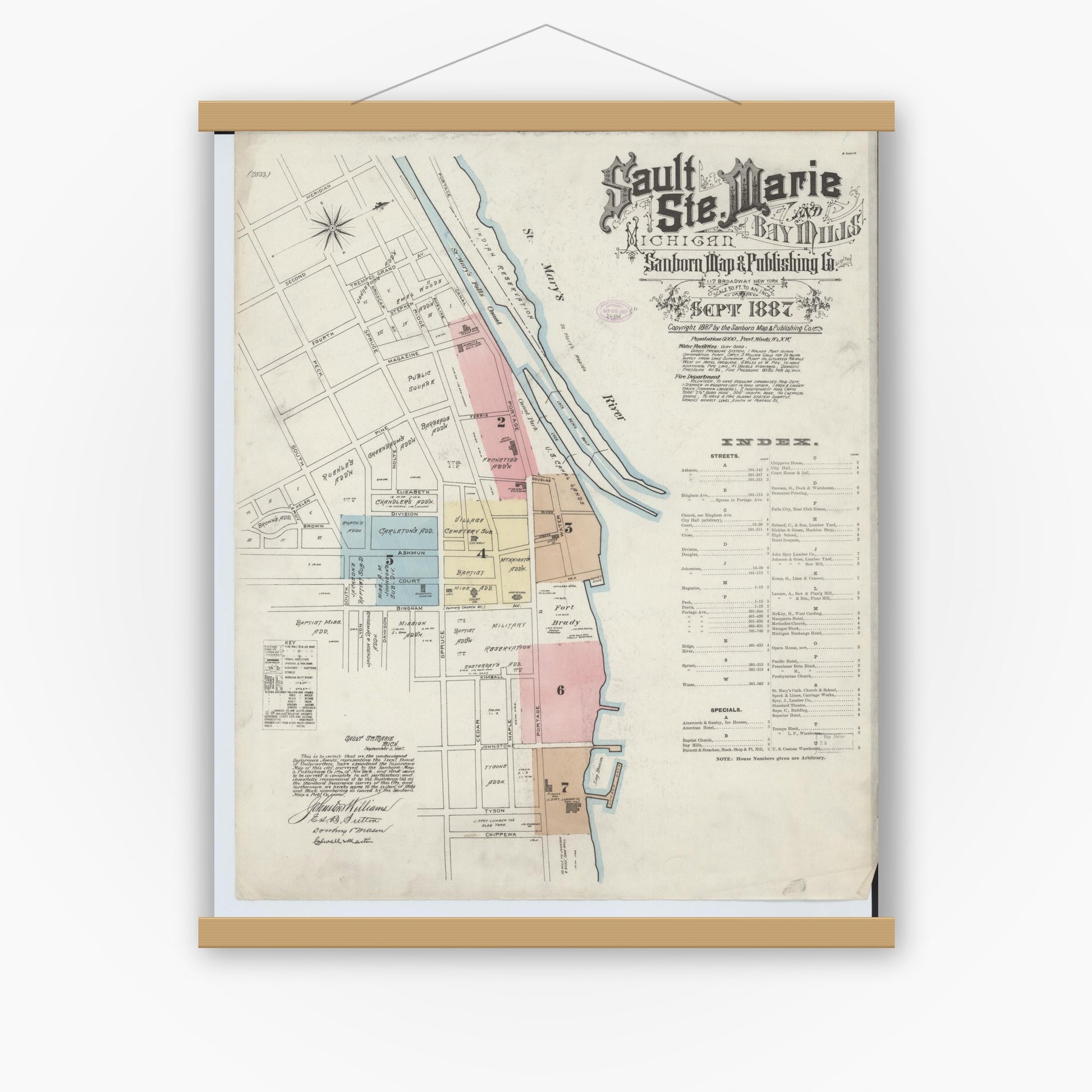 Old map wall art mockup — magnetic wood frame on white wall — Sanborn Fire Insurance Map from Sault Sainte Marie, Chippewa County, Michigan (1887) - Complete Map Set