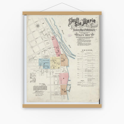 Old map wall art mockup — magnetic wood frame on white wall — Sanborn Fire Insurance Map from Sault Sainte Marie, Chippewa County, Michigan (1887) - Complete Map Set