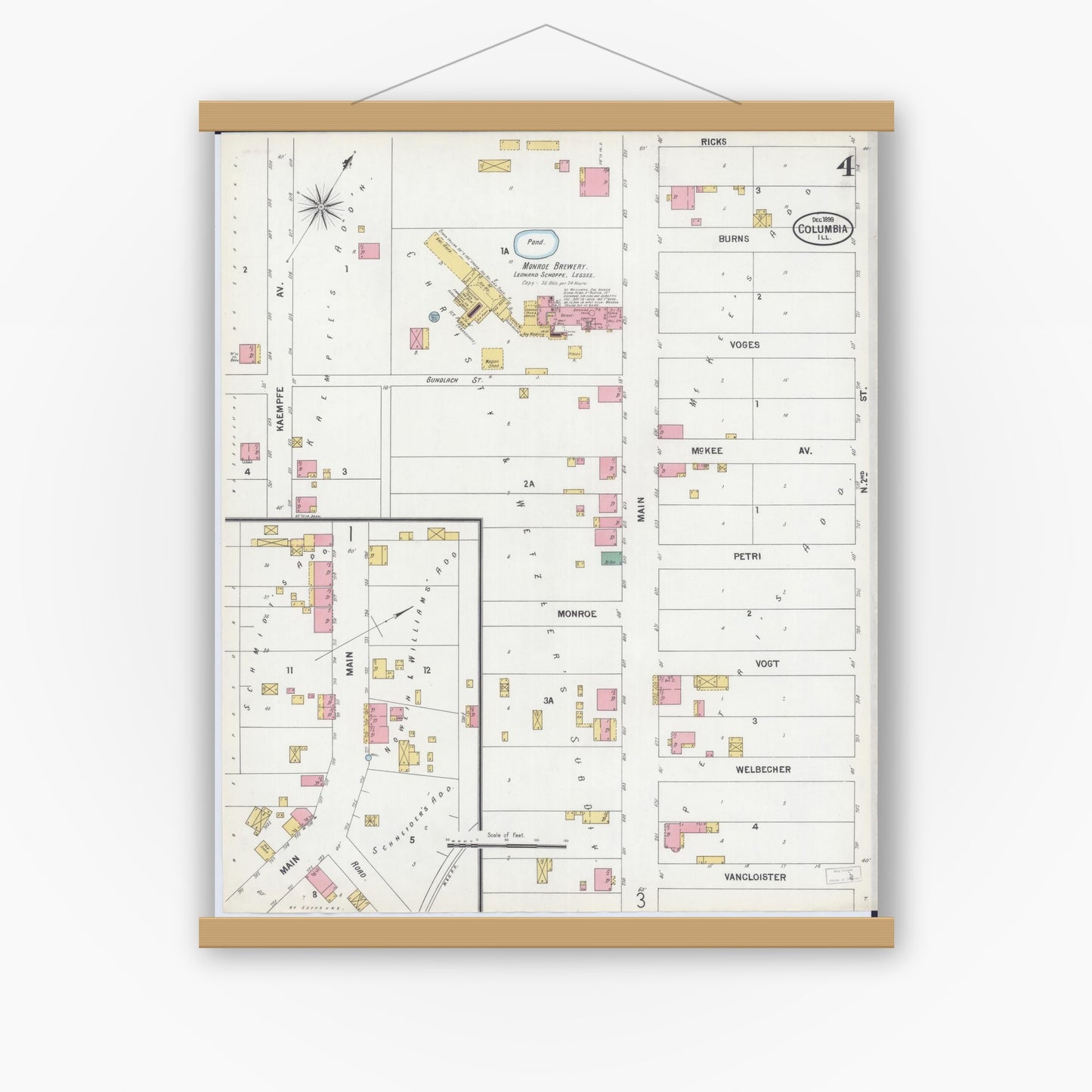 Old map wall art mockup — magnetic wood frame on white wall — Sanborn Fire Insurance Map from Columbia, Monroe County, Illinois (1899), Sheet #0004