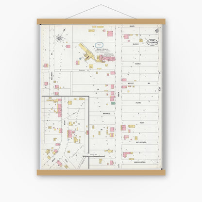 Old map wall art mockup — magnetic wood frame on white wall — Sanborn Fire Insurance Map from Columbia, Monroe County, Illinois (1899), Sheet #0004