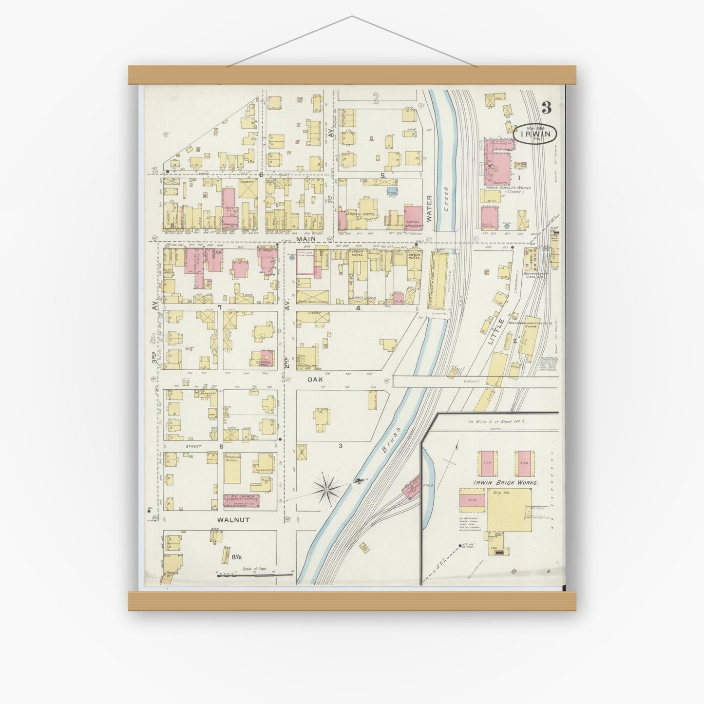 Old map wall art mockup — magnetic wood frame on white wall — Sanborn Fire Insurance Map from Irwin, Westmoreland County, Pennsylvania (1894), Sheet #0003