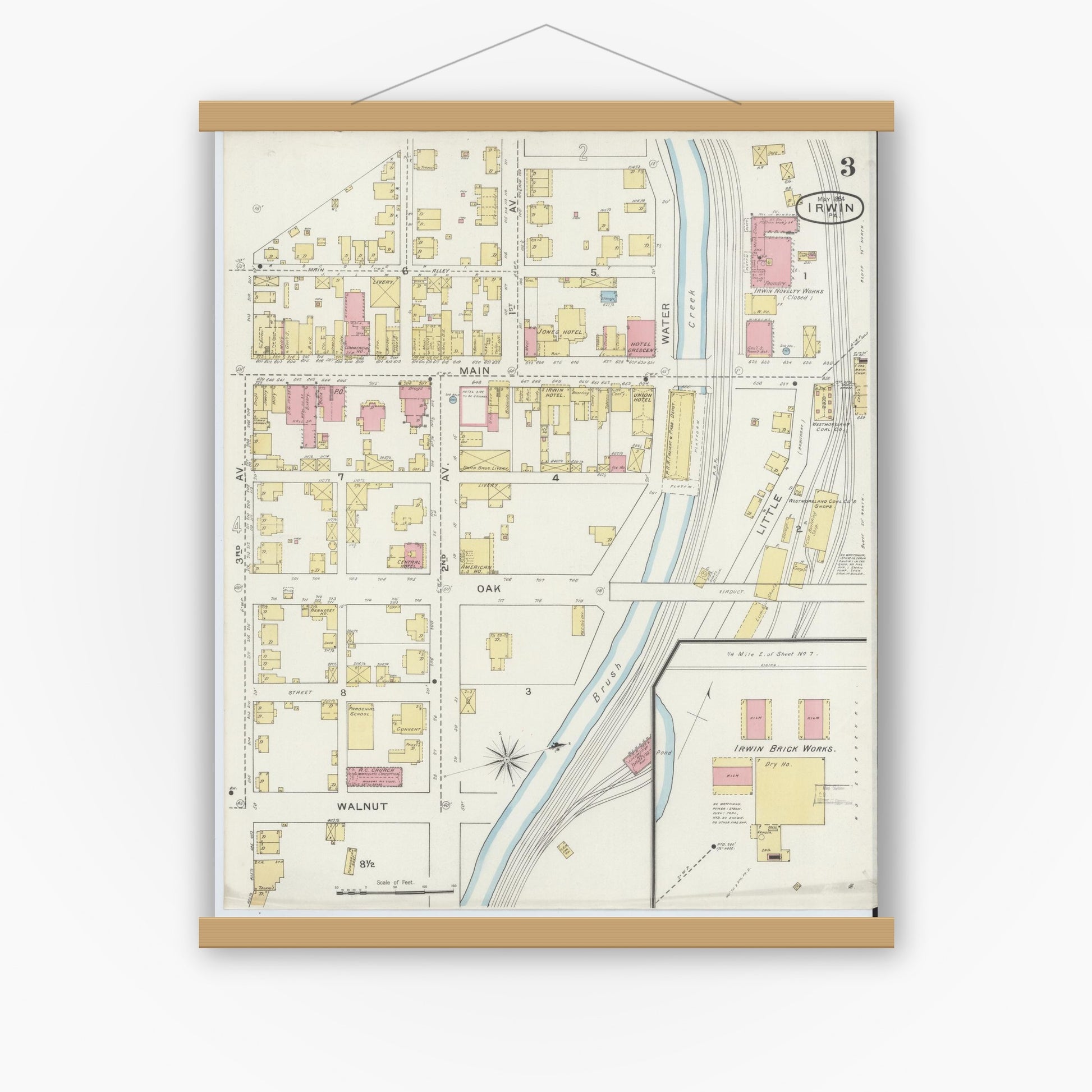 Old map wall art mockup — magnetic wood frame on white wall — Sanborn Fire Insurance Map from Irwin, Westmoreland County, Pennsylvania (1894), Sheet #0003