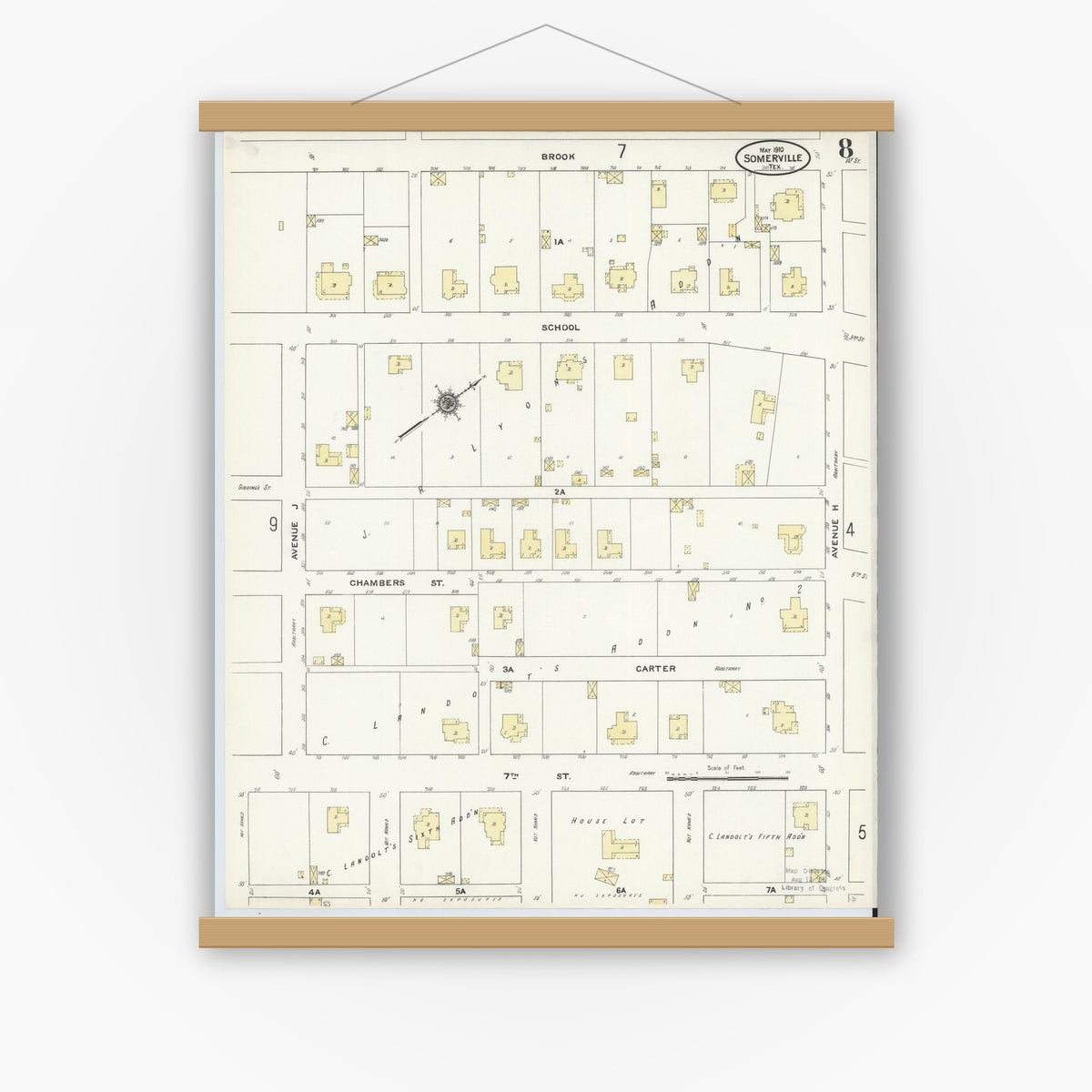 Old map wall art mockup — magnetic wood frame on white wall — Sanborn Fire Insurance Map from Somerville, Burleson County, Texas (1910), Sheet #0008