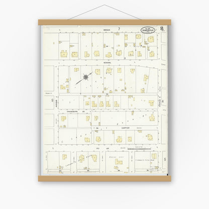 Old map wall art mockup — magnetic wood frame on white wall — Sanborn Fire Insurance Map from Somerville, Burleson County, Texas (1910), Sheet #0008