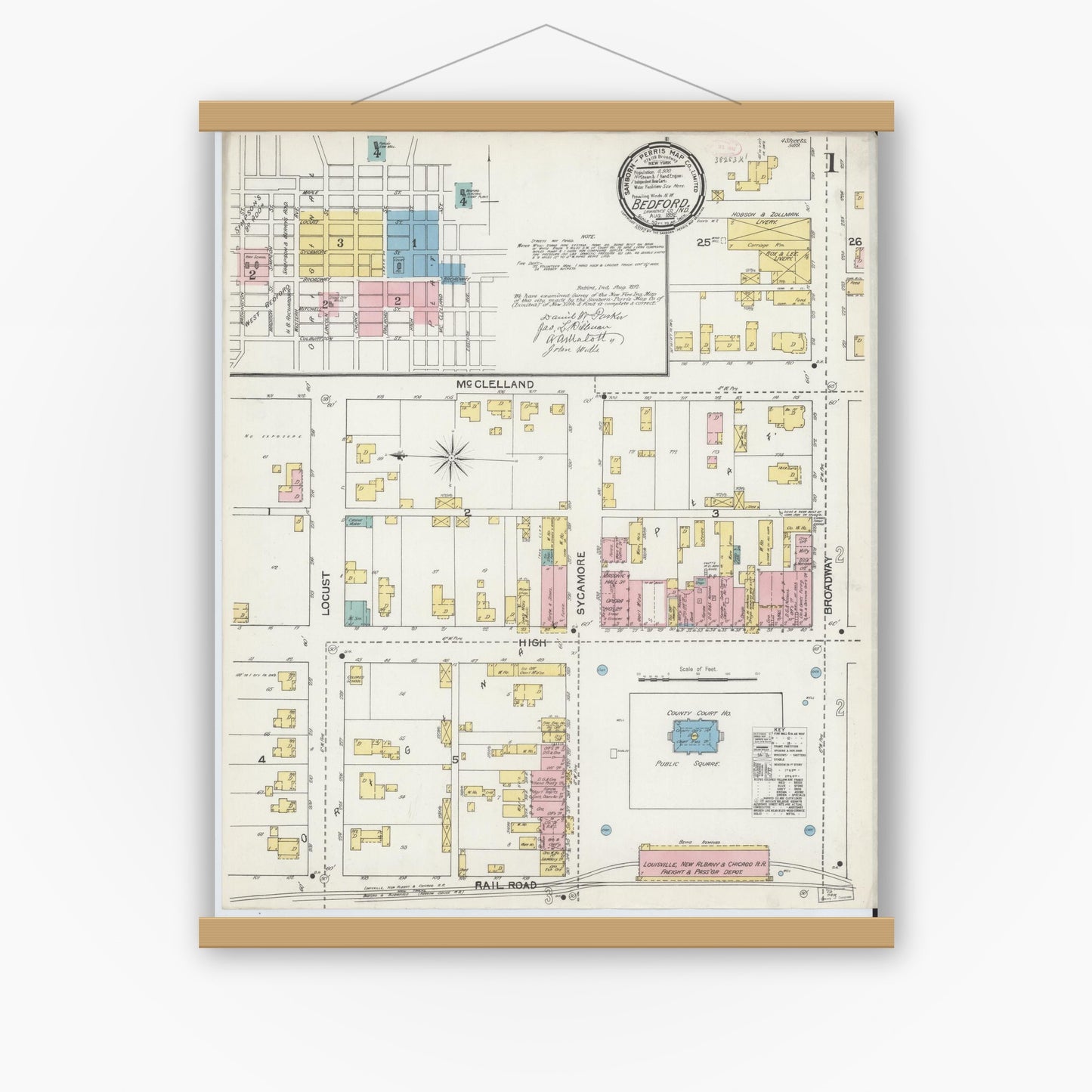 Old map wall art mockup — magnetic wood frame on white wall — Sanborn Fire Insurance Map from Bedford, Lawrence County, Indiana (1892) - Complete Map Set