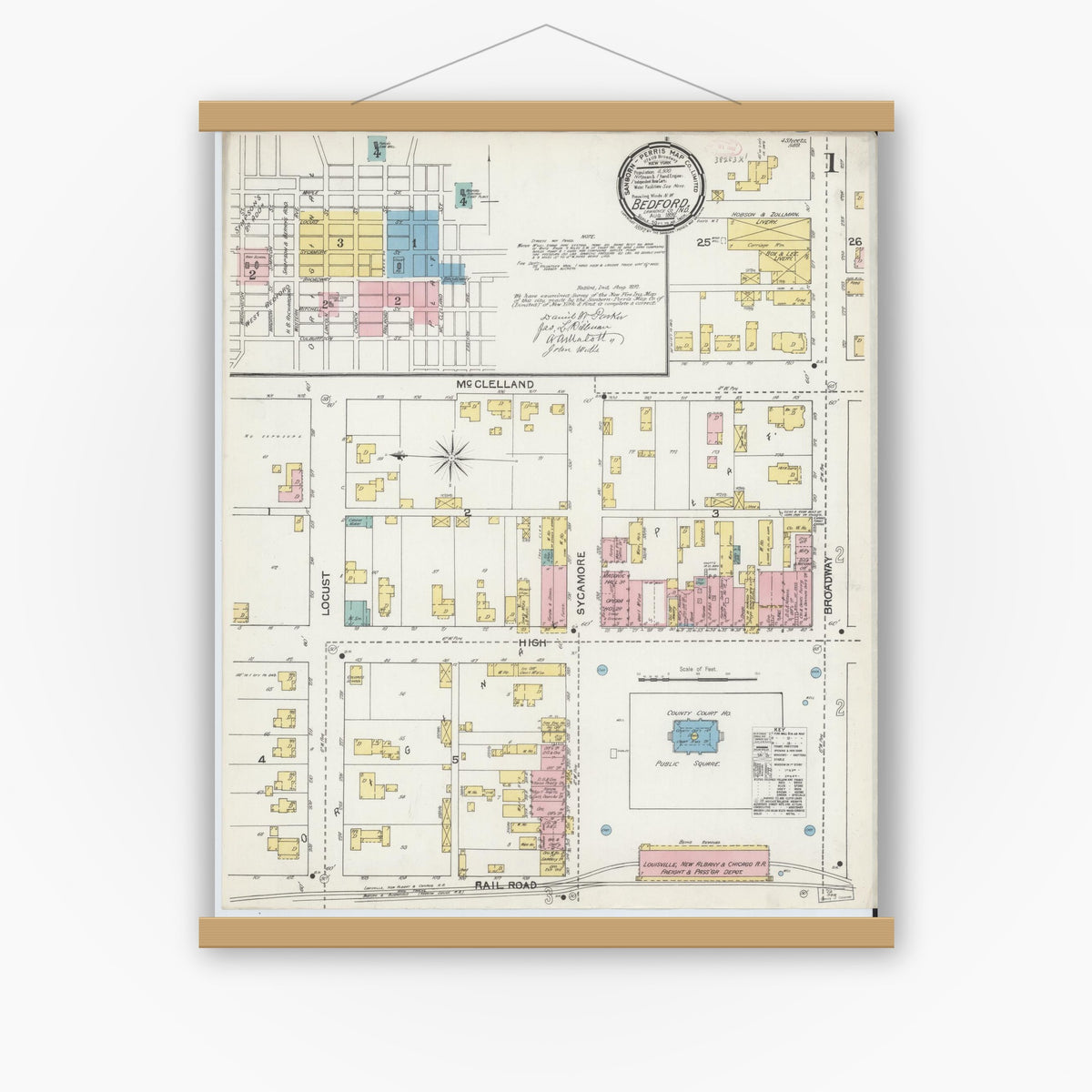 Old map wall art mockup — magnetic wood frame on white wall — Sanborn Fire Insurance Map from Bedford, Lawrence County, Indiana (1892) - Complete Map Set