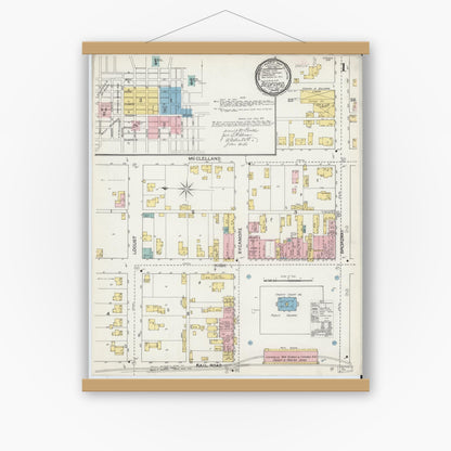 Old map wall art mockup — magnetic wood frame on white wall — Sanborn Fire Insurance Map from Bedford, Lawrence County, Indiana (1892) - Complete Map Set