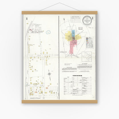 Old map wall art mockup — magnetic wood frame on white wall — Sanborn Fire Insurance Map from Overton, Rusk County, Texas (1936), Sheet #0001