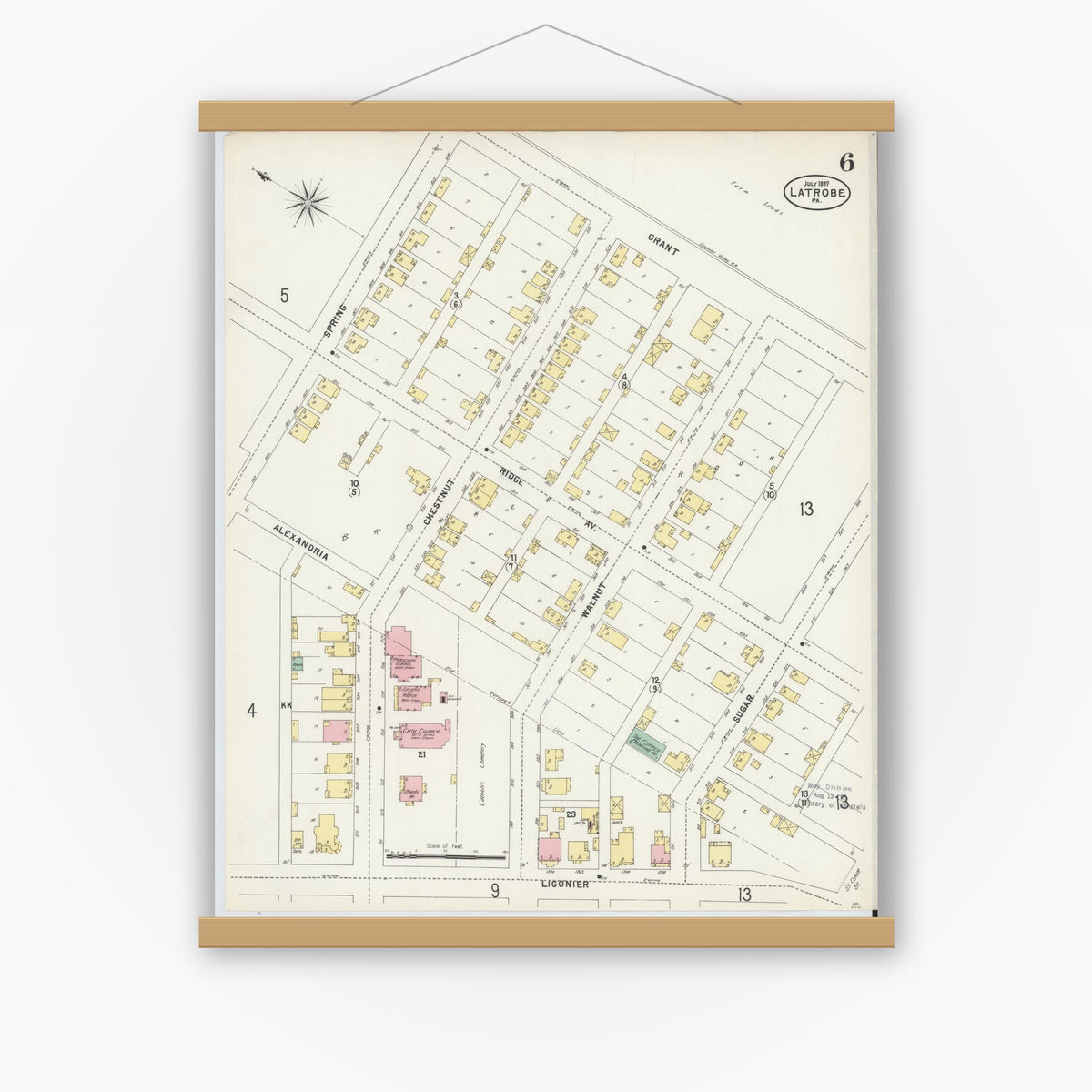 Old map wall art mockup — magnetic wood frame on white wall — Sanborn Fire Insurance Map from Latrobe, Westmoreland County, Pennsylvania (1897), Sheet #0006