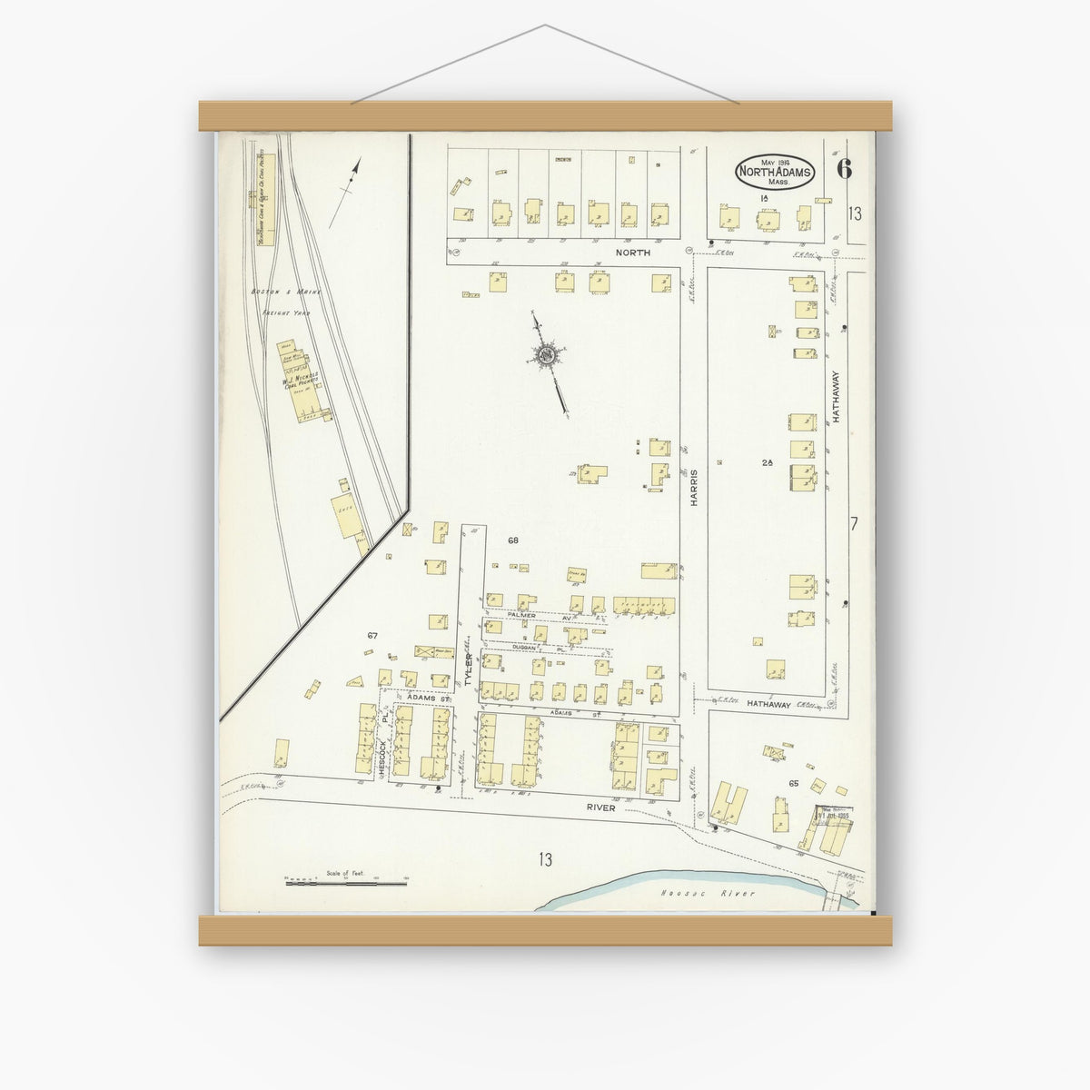 Old map wall art mockup — magnetic wood frame on white wall — Sanborn Fire Insurance Map from North Adams, Berkshire County, Massachusetts (1914), Sheet #0006