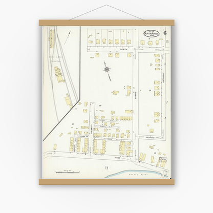 Old map wall art mockup — magnetic wood frame on white wall — Sanborn Fire Insurance Map from North Adams, Berkshire County, Massachusetts (1914), Sheet #0006