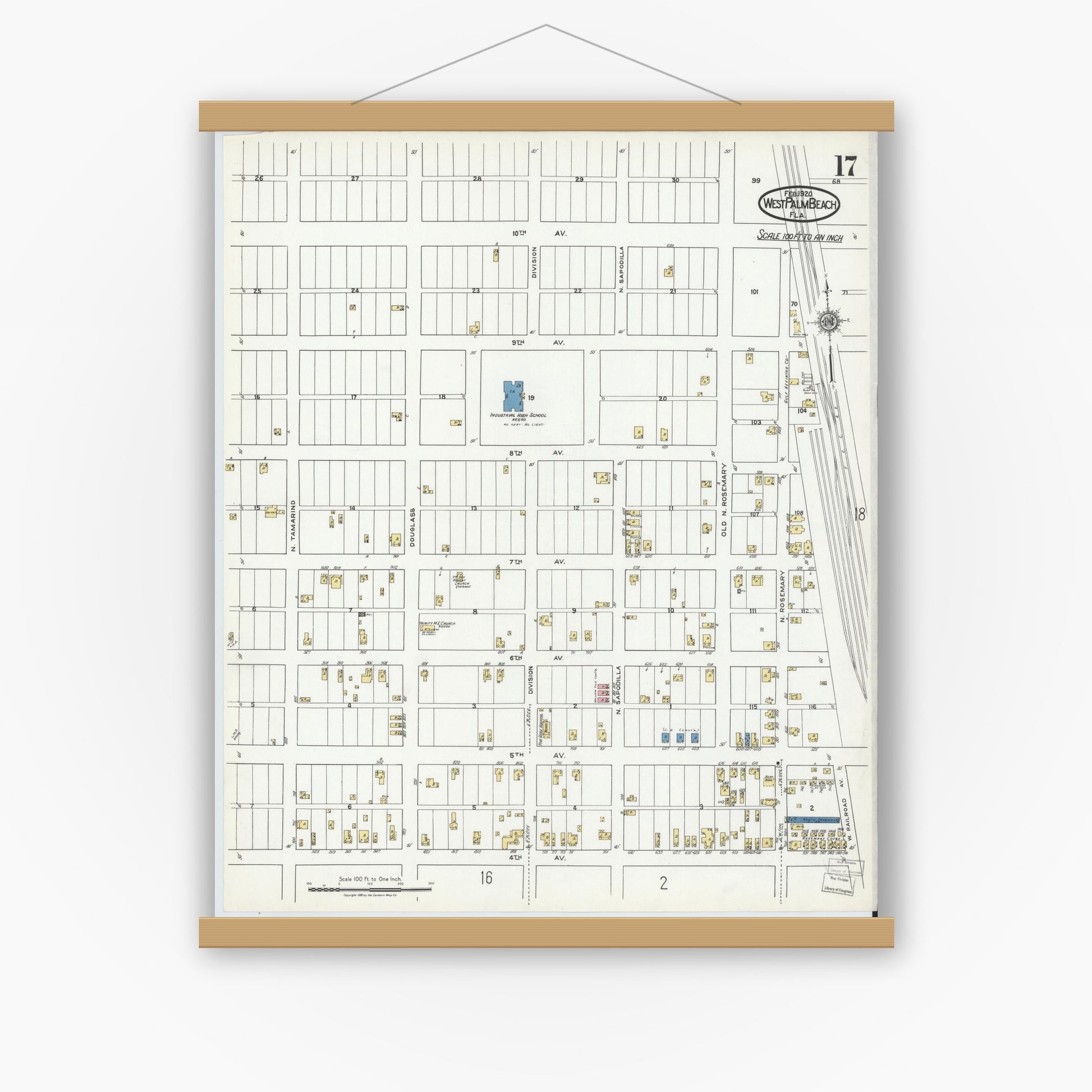 Old map wall art mockup — magnetic wood frame on white wall — Sanborn Fire Insurance Map from West Palm Beach, Dade County, Florida (1920), Sheet #0017