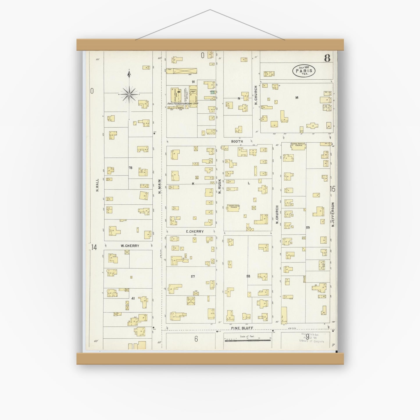 Old map wall art mockup — magnetic wood frame on white wall — Sanborn Fire Insurance Map from Paris, Lamar County, Texas (1897), Sheet #0008