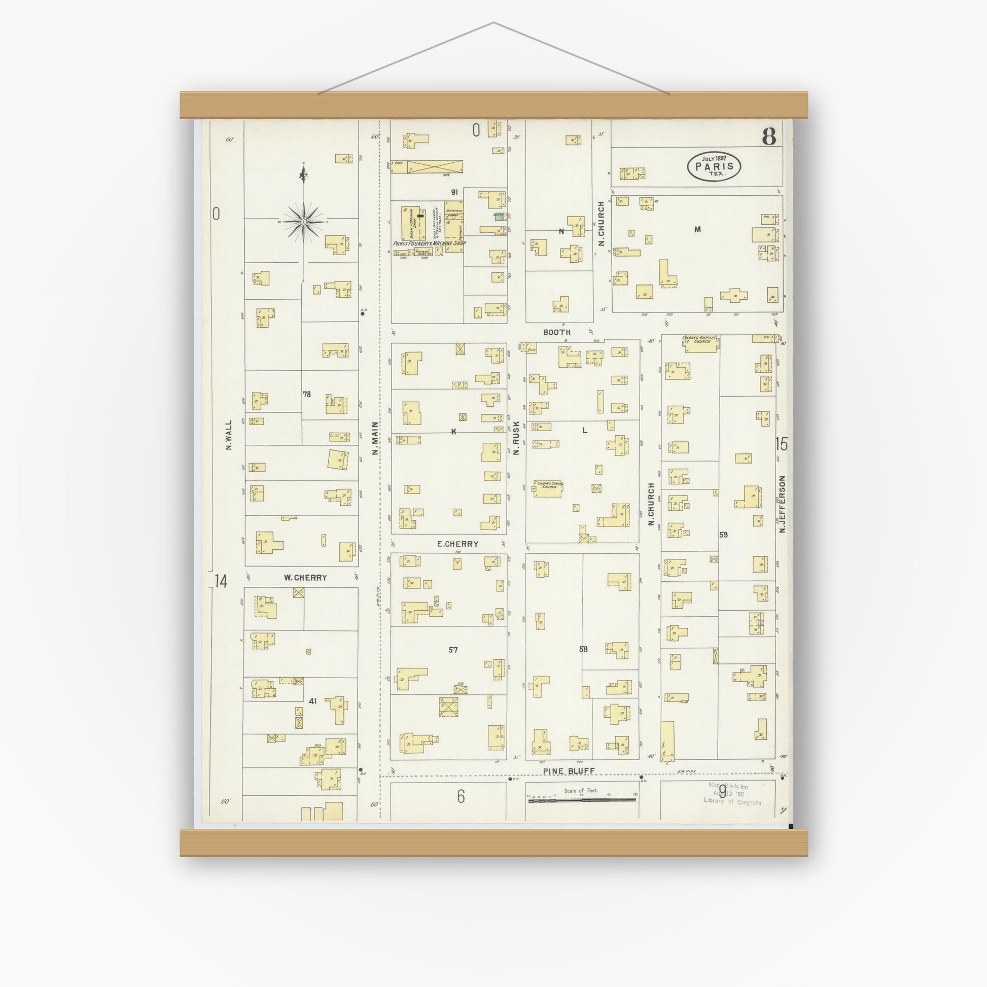 Old map wall art mockup — magnetic wood frame on white wall — Sanborn Fire Insurance Map from Paris, Lamar County, Texas (1897), Sheet #0008