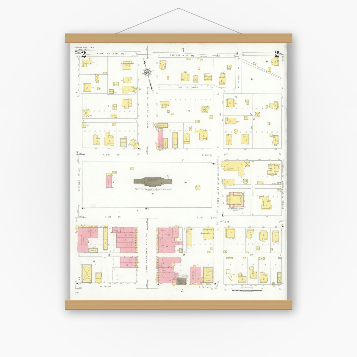 Old map wall art mockup — magnetic wood frame on white wall — Sanborn Fire Insurance Map from Groveton, Trinity County, Texas (1933), Sheet #0002