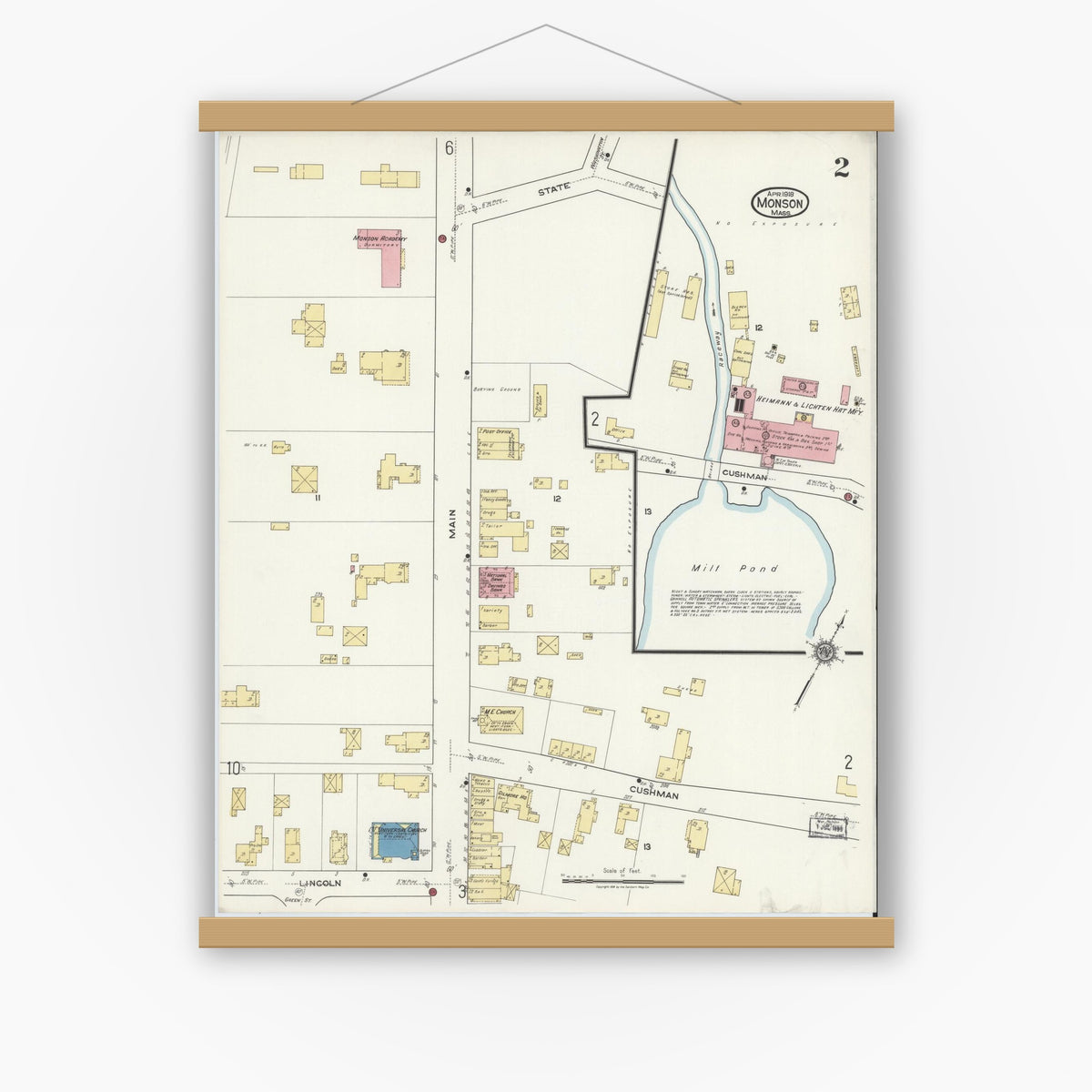 Old map wall art mockup — magnetic wood frame on white wall — Sanborn Fire Insurance Map from Monson, Hampden County, Massachusetts (1918), Sheet #0002