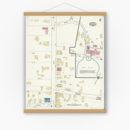 Old map wall art mockup — magnetic wood frame on white wall — Sanborn Fire Insurance Map from Monson, Hampden County, Massachusetts (1918), Sheet #0002