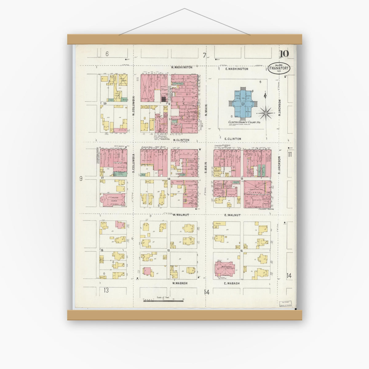 Old map wall art mockup — magnetic wood frame on white wall — Sanborn Fire Insurance Map from Frankfort, Clinton County, Indiana (1898), Sheet #0010