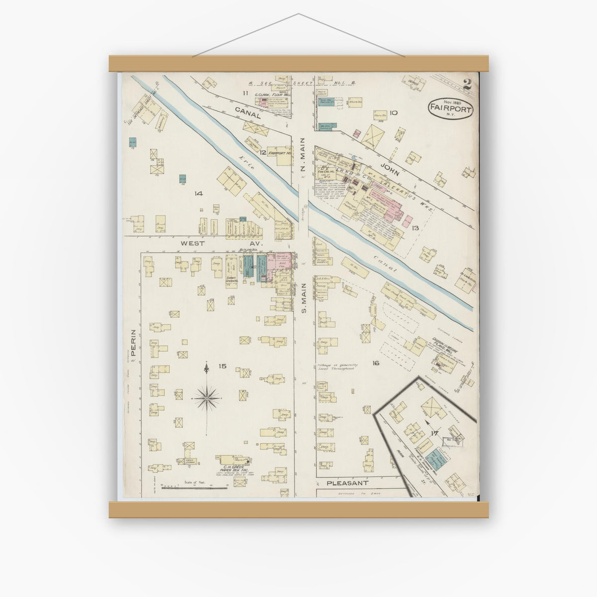 Old map wall art mockup — magnetic wood frame on white wall — Sanborn Fire Insurance Map from Fairport, Monroe County, New York (1885), Sheet #0002