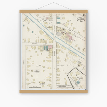 Old map wall art mockup — magnetic wood frame on white wall — Sanborn Fire Insurance Map from Fairport, Monroe County, New York (1885), Sheet #0002