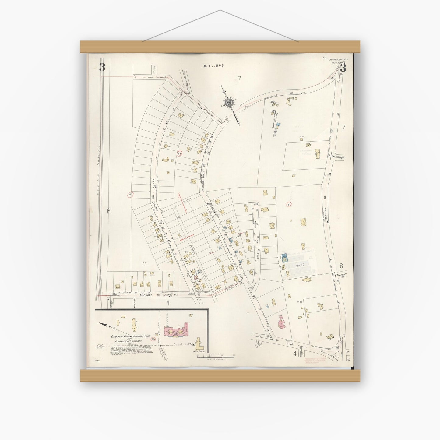 Old map wall art mockup — magnetic wood frame on white wall — Sanborn Fire Insurance Map from Chappaqua, Westchester County, New York (1947), Sheet #0003