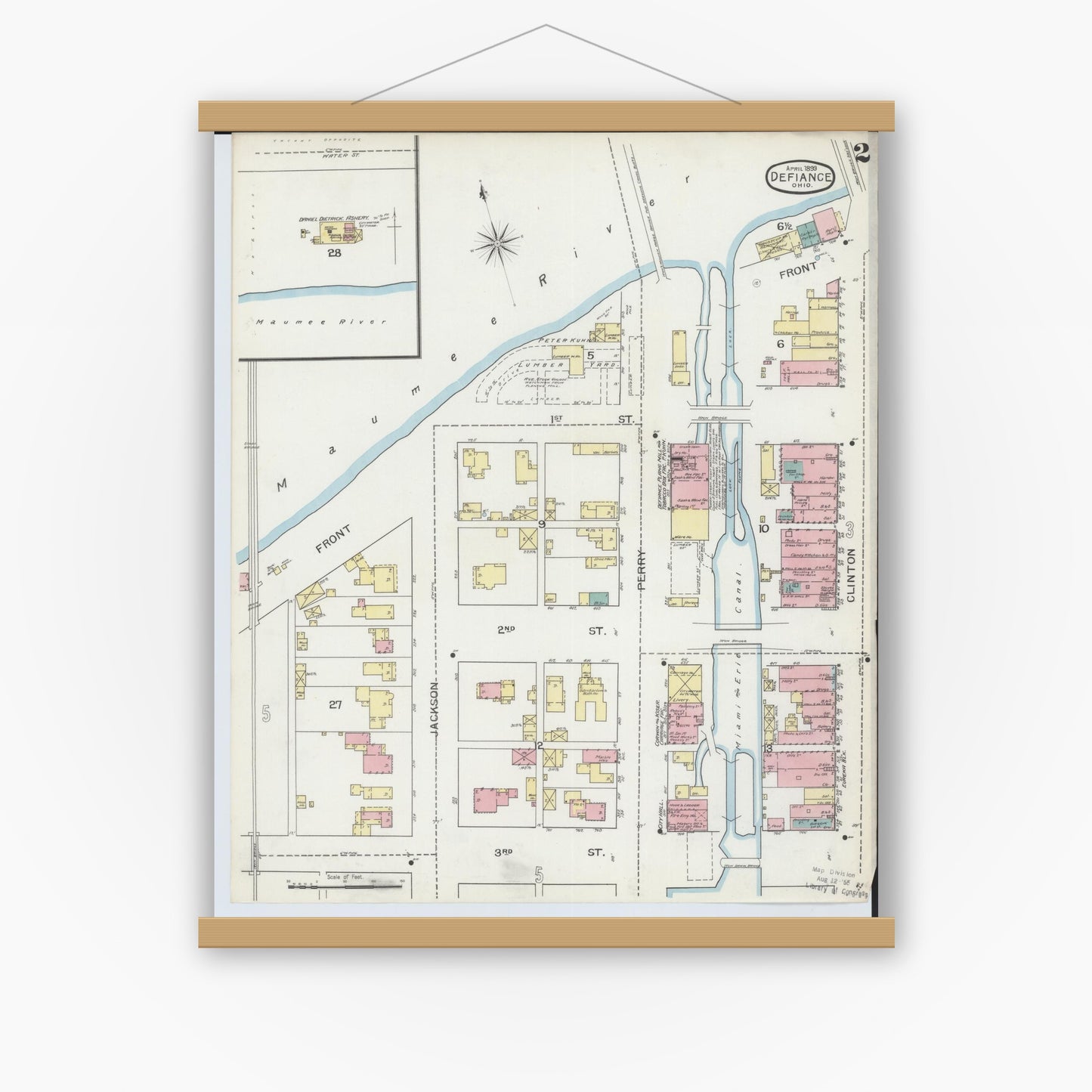 Old map wall art mockup — magnetic wood frame on white wall — Sanborn Fire Insurance Map from Defiance, Defiance County, Ohio (1893), Sheet #0002