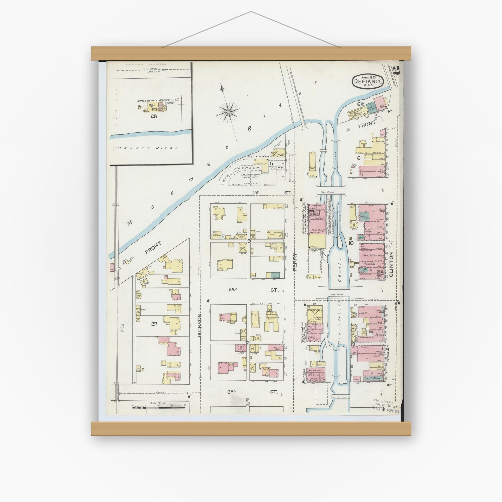 Old map wall art mockup — magnetic wood frame on white wall — Sanborn Fire Insurance Map from Defiance, Defiance County, Ohio (1893), Sheet #0002