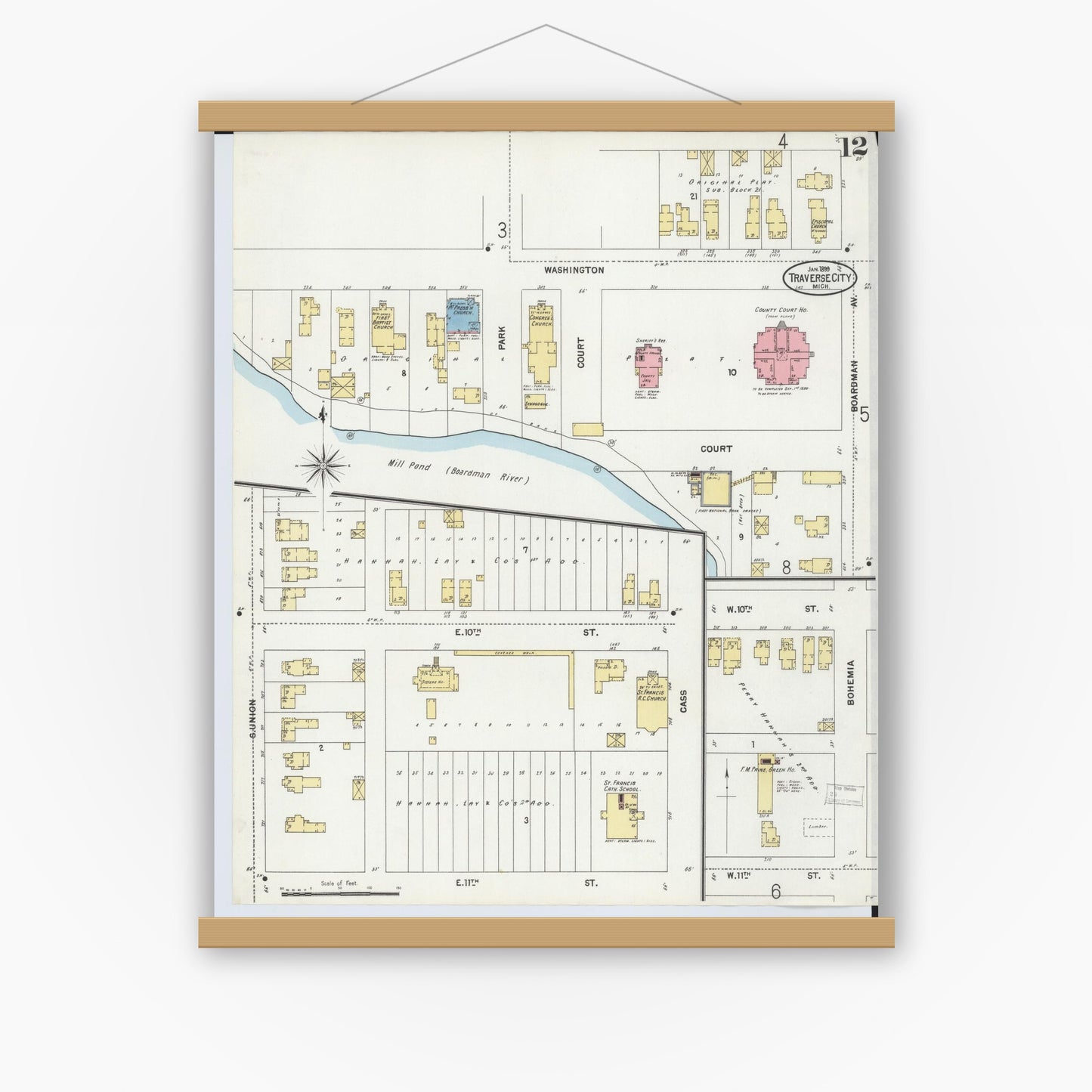 Old map wall art mockup — magnetic wood frame on white wall — Sanborn Fire Insurance Map from Traverse City, Grand Traverse County, Michigan (1899), Sheet #0012